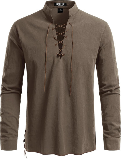 JEMITOP Men's Pure Cotton Retro Lace Up Shirts for Renaissance Pirate Viking Medieval