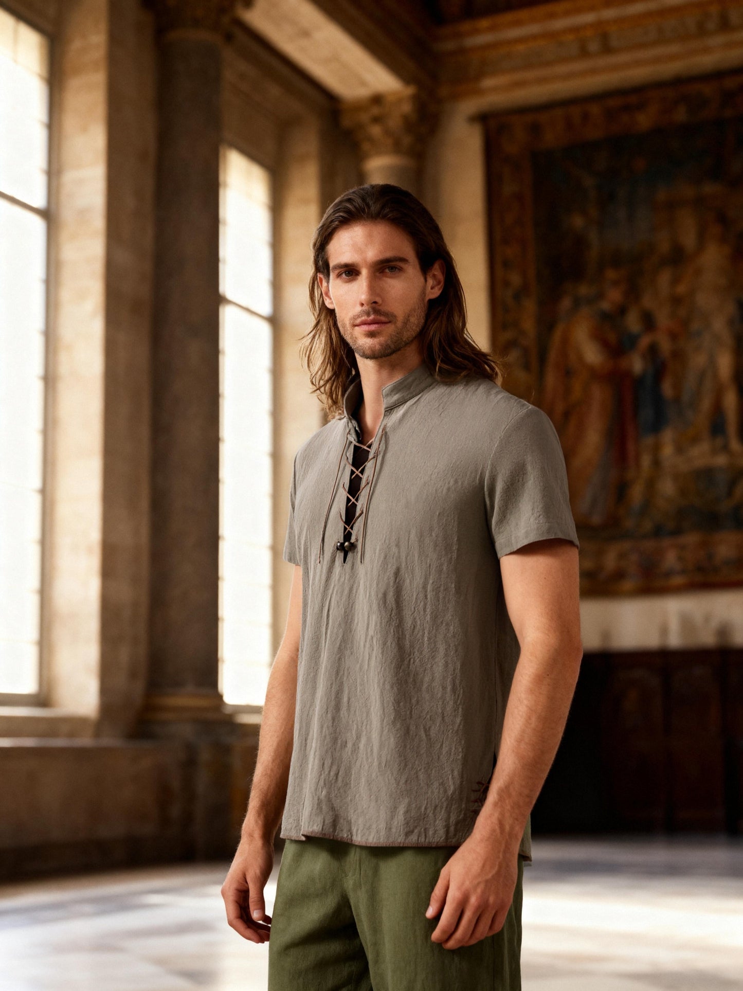 JEMITOP Men's Pure Cotton Vintage Short Sleeve Lace Up Shirts for Renaissance Pirate Viking Medieval Costume