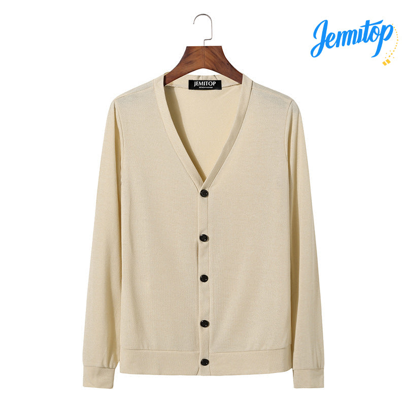 JEMITOP Men's Fashion Solid Color V-Neck Cardigan Knit Shirt