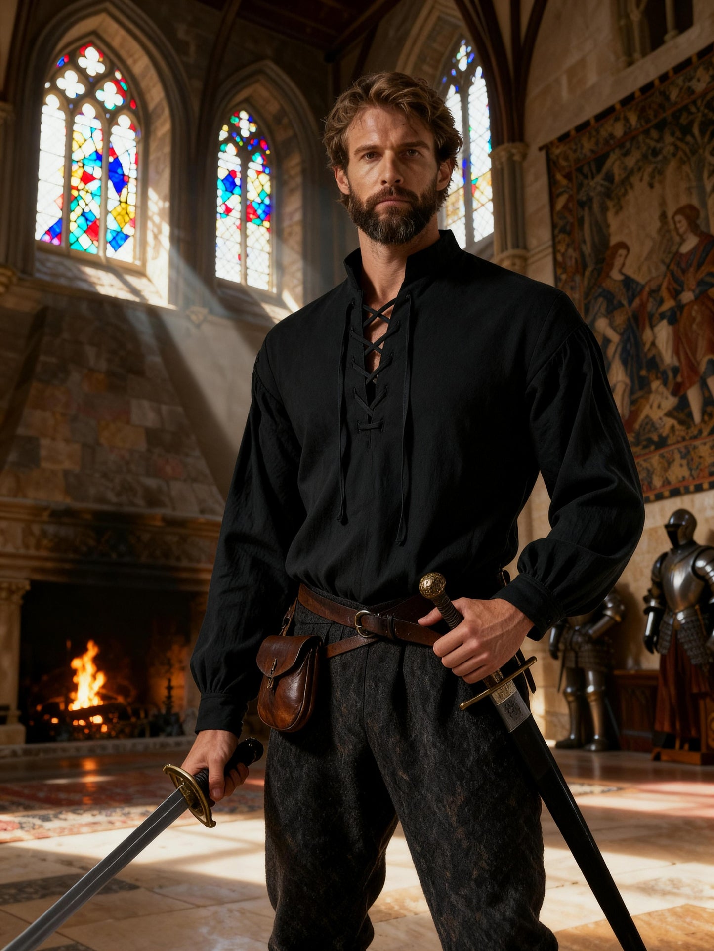 JEMITOP Men's Pure Cotton Retro Lace Up Shirts for Renaissance Pirate Medieval Viking