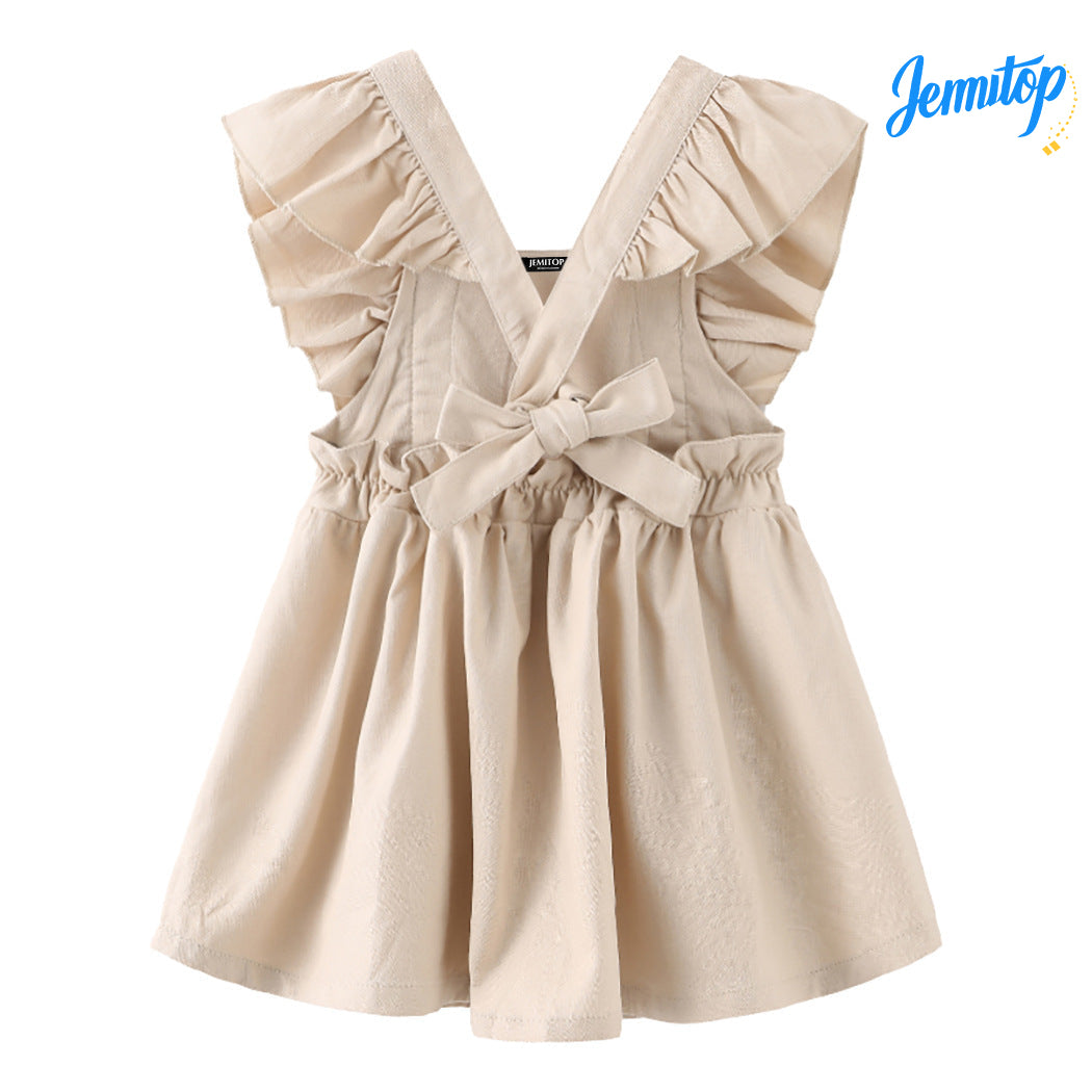 JEMITOP Girls' Summer Beach Dress with Bow Detail - Flared Cotton-Linen Sun Dress