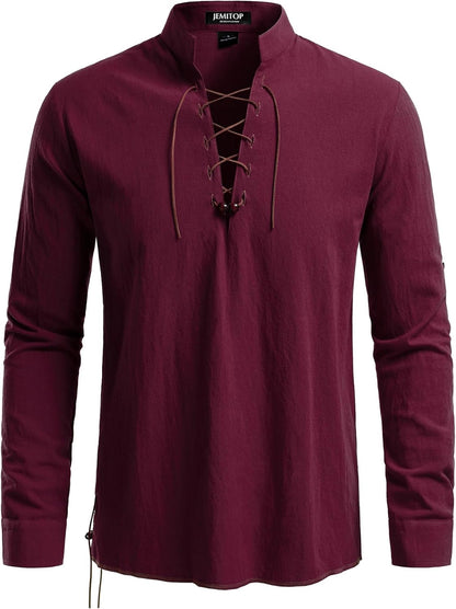 JEMITOP Men's Pure Cotton Retro Lace Up Shirts for Renaissance Pirate Viking Medieval