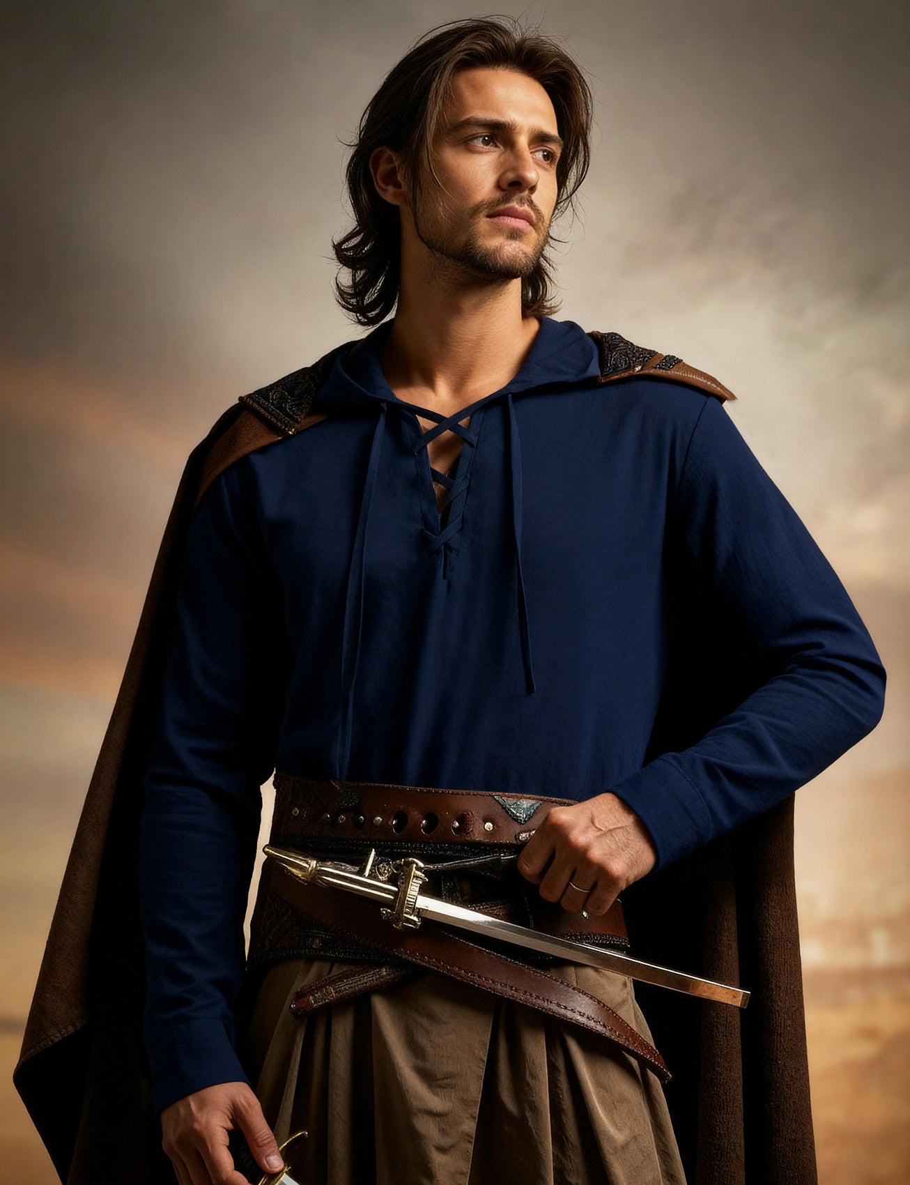 JEMITOP Men's Pure Cotton Retro Style Lace Up Hooded Shirts for Renaissance Pirate Viking Medieval Costume