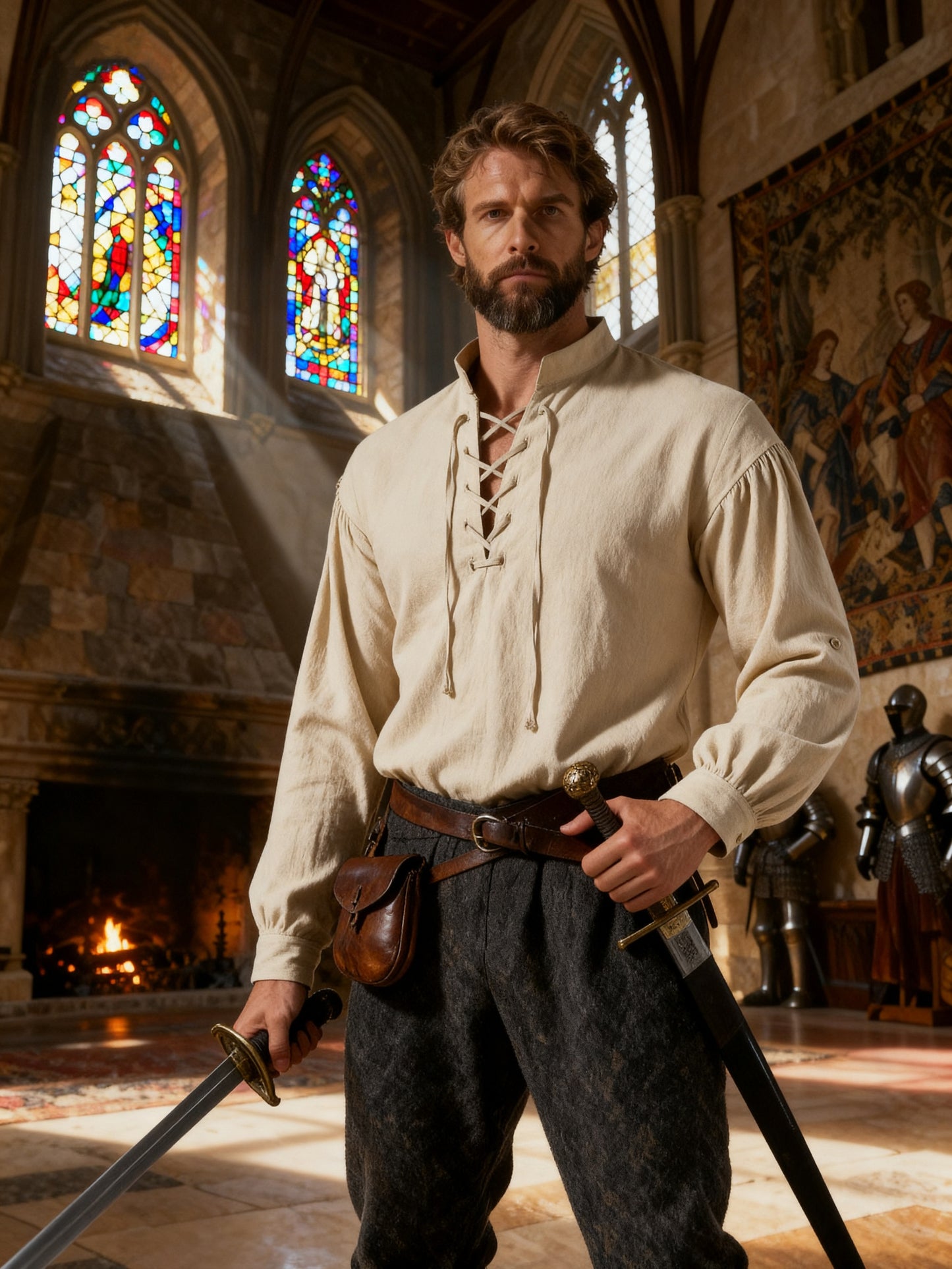 JEMITOP Men's Pure Cotton Retro Lace Up Shirts for Renaissance Pirate Medieval Viking