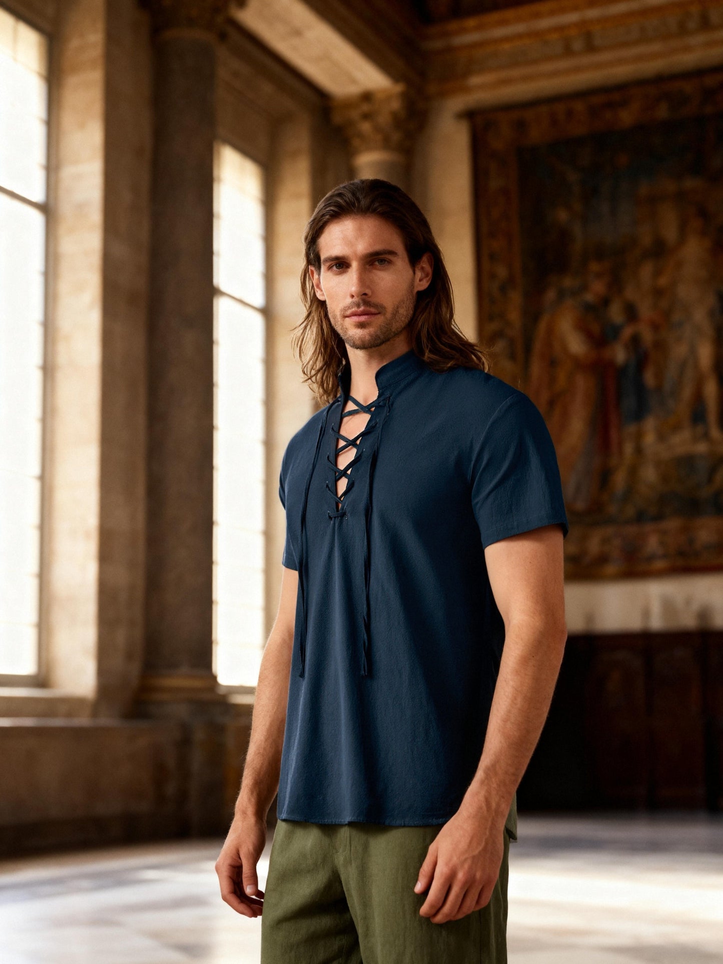 JEMITOP Men's Pure Cotton Vintage Short Sleeve Lace Up Shirts for Renaissance Pirate Viking Medieval Costume