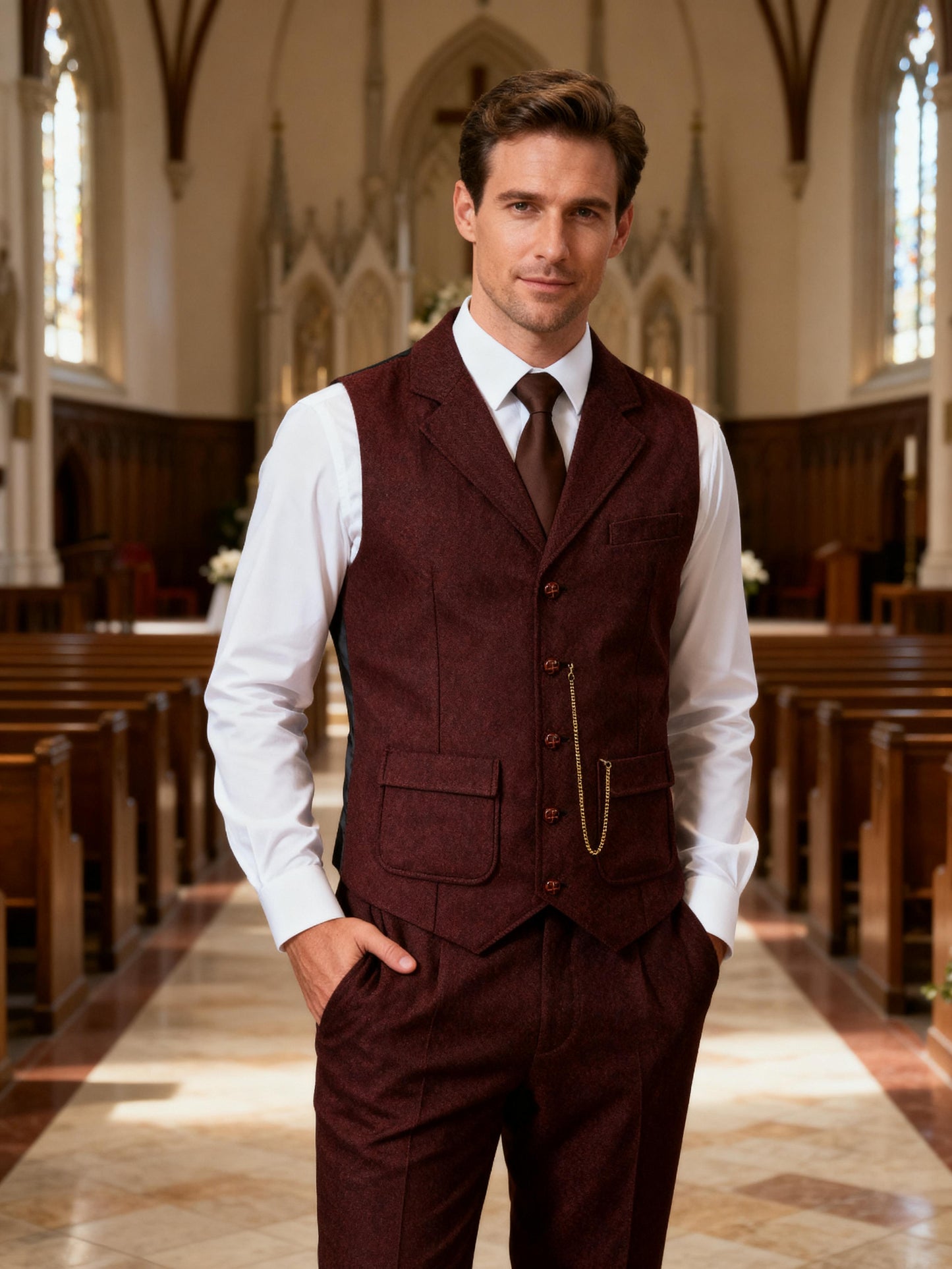 JEMITOP Men's Vintage Slim Fit Suit Vest Formal Prom Party Herringbone Pattern Waistcoat with Chain Detail