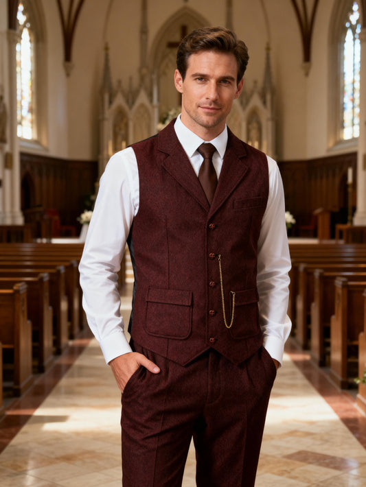 JEMITOP Men's Vintage Slim Fit Suit Vest Formal Prom Party Herringbone Pattern Waistcoat with Chain Detail
